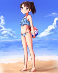Rule 34 | 10s, 1girl, a9b (louis814), armpits, arms behind back, ball, barefoot, beach, beachball, blue eyes, blush, brown hair, day, groin, highres, kantai collection, looking at viewer, naka (kancolle), navel, ocean, outdoors, ponytail, shikinami (kancolle), solo, swimsuit, water