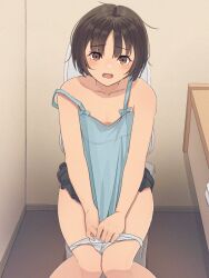 Rule 34 | 1girl, amagami, bare arms, bare shoulders, black skirt, blue camisole, blush, brown eyes, brown hair, camisole, camisole pull, clothes pull, collarbone, fang, highres, indoors, looking at viewer, messy hair, on toilet, open mouth, panties, panty pull, pulling own clothes, ryo taton, short hair, sitting, skirt, solo, strap slip, tachibana miya, toilet, toilet use, underwear, white panties