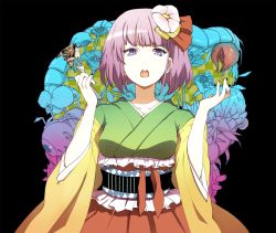 1girl album_cover bug cover darkness female_focus flower fork hair_flower hair_ornament hieda_no_akyuu japanese_clothes kakueki-teisha kimono looking_at_viewer obi open_mouth purple_eyes purple_hair sash solo touhou