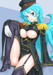 Rule 34 | 1girl, aqua hair, black thighhighs, blue eyes, boots, breasts, clothing cutout, epaulettes, garter straps, glasses, gloves, hat, high heels, highres, hugging own legs, imagawa yoshimoto (sengoku collection), large breasts, legs, long legs, looking at viewer, rasukaru, sengoku collection, shoes, smile, solo, thigh boots, thighhighs, thighs, underboob, underboob cutout, white gloves