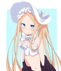 Rule 34 | 1girl, abigail williams (fate), abigail williams (swimsuit foreigner) (fate), abigail williams (swimsuit foreigner) (third ascension) (fate), arms at sides, bare shoulders, bikini, blonde hair, blue background, blue eyes, blush, bow, breasts, chata maru (irori sabou), commentary request, fate/grand order, fate (series), flat chest, forehead, hair bow, hair ornament, hat, highres, jacket, long hair, looking at viewer, navel, off-shoulder jacket, off shoulder, parted bangs, sidelocks, solo, stomach, swimsuit, two-tone background, upper body, very long hair, white background, white bikini, white bow, white hat