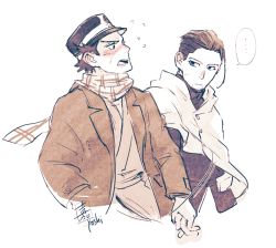 Rule 34 | ..., 2boys, artist name, blush, cape, couple, golden kamuy, hand grab, hat, imperial japanese army, jacket, looking at another, male focus, military, military hat, military uniform, monochrome, multiple boys, ogata hyakunosuke, open clothes, open jacket, scar, scar on face, scarf, short hair, sugimoto saichi, undercut, uniform, upper body, yaoi, yoshimi