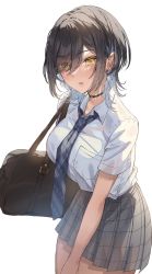 Rule 34 | 1girl, bag, black bag, black choker, black hair, blue necktie, breast pocket, breasts, choker, collared shirt, colored inner hair, commentary request, cowboy shot, earrings, eyelashes, eyes visible through hair, glint, grey hair, grey skirt, hair over one eye, highres, jewelry, large breasts, leaning forward, looking at viewer, multicolored hair, necktie, original, parted bangs, parted lips, pleated skirt, pocket, school bag, school uniform, shio kouji (shiokojii), shirt, shirt tucked in, short hair, short sleeves, shoulder bag, sidelocks, skirt, solo, standing, striped, striped necktie, swept bangs, two-tone hair, white background, white shirt, wing collar, yellow eyes