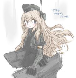 Rule 34 | 1girl, black hat, blue eyes, blush, cropped jacket, garrison cap, hair between eyes, hat, headgear, highres, jacket, kantai collection, light brown hair, long hair, military, military uniform, parted lips, reitoubeef, rigging, simple background, sketch, solo, u-511 (kancolle), uniform, very long hair