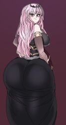 Rule 34 | 1girl, absurdres, ass, bare shoulders, black dress, blush, breasts, captain kirb, curvy, dress, highres, holocouncil, hololive, hololive english, huge ass, large breasts, long hair, looking at viewer, looking back, mori calliope, pink eyes, pink hair, simple background, solo, thick thighs, thighs, veil, virtual youtuber, wide hips