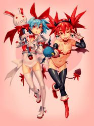 Rule 34 | 2girls, bat wings, blue hair, choker, closed mouth, demon girl, demon tail, demon wings, disgaea, doyora, earrings, elbow gloves, etna (disgaea), flat chest, gloves, hair ribbon, hairband, jewelry, looking at viewer, multiple girls, navel, open mouth, pleinair, pointy ears, red eyes, red hair, ribbon, short hair, simple background, skull earrings, smile, tail, thighhighs, twintails, white legwear, wings