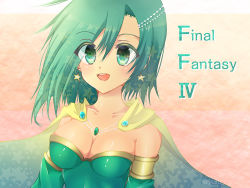 Rule 34 | 1girl, aged up, breasts, cape, cleavage, copyright name, earrings, final fantasy, final fantasy iv, green eyes, green hair, jewelry, long hair, looking at viewer, rydia (ff4), simple background, smile, solo, yuzuki (white snow)