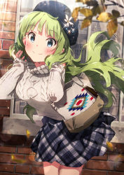 Rule 34 | 10s, 1girl, aqua eyes, bag, beret, blunt bangs, blush, commentary request, cowboy shot, day, green hair, handbag, hat, highres, idolmaster, idolmaster million live!, leaning forward, legs together, long hair, long sleeves, looking at viewer, outdoors, plaid, plaid skirt, reflection, ribbed sweater, shimabara elena, skirt, smile, solo, sonsoso, standing, sweater, turtleneck, white sweater