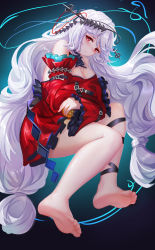 Rule 34 | 1girl, absurdres, aqua gloves, aqua headwear, arknights, bare legs, barefoot, clothing cutout, dress, feet, gloves, hat, highres, long hair, low-tied long hair, luai, navel cutout, official alternate costume, pointy hat, red dress, red eyes, silver hair, skadi (arknights), skadi the corrupting heart (arknights), soles, toes, very long hair