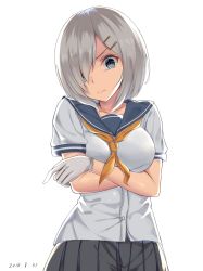 Rule 34 | 10s, 1girl, 2016, bad id, bad pixiv id, blue eyes, breast hold, breast rest, breasts, buttons, collarbone, crossed arms, dated, gloves, grey eyes, hair ornament, hair over one eye, hairclip, hairpin, hamakaze (kancolle), highres, kanikou, kantai collection, large breasts, lips, looking at viewer, neckerchief, pleated skirt, school uniform, serafuku, short hair, short sleeves, silver hair, simple background, skirt, solo, white background, white gloves, yellow neckerchief
