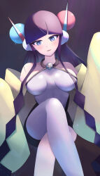 Rule 34 | 1girl, absurdres, bike shorts, black hair, blunt bangs, breasts, commentary request, cosplay, creatures (company), crossed legs, elesa (pokemon), game freak, grey pantyhose, grey shirt, hair ornament, headphones, highres, iono (pokemon), iono (pokemon) (cosplay), jacket, large breasts, looking at viewer, medium breasts, nintendo, off shoulder, open clothes, open jacket, pantyhose, pokemon, pokemon bw2, pokemon sv, ryokuchabushi, shirt, short hair with long locks, sidelocks, single leg pantyhose, sleeveless, sleeveless shirt, solo, yellow jacket