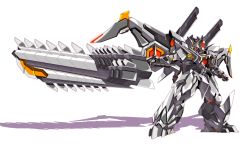 Rule 34 | absurdres, chibi, clenched hand, clenched hands, head tilt, heyzan, highres, holding, holding sword, holding weapon, horns, mecha, no humans, original, red eyes, robot, science fiction, shadow, solo, super robot wars, sword, weapon, white background