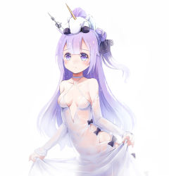 Rule 34 | 1girl, ahoge, azur lane, blush, breasts, choker, cleavage, clothes lift, collarbone, commentary, detached sleeves, dress, dress lift, hair bun, hair ribbon, leaning forward, long hair, looking at viewer, nitchi, one side up, rain, ribbon, side bun, simple background, single hair bun, single side bun, solo, stuffed animal, stuffed toy, stuffed winged unicorn, unicorn (azur lane), white background, white dress