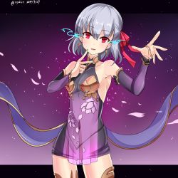 Rule 34 | 1girl, armpits, bare shoulders, black dress, blush, bow, breasts, collarbone, commentary request, covered collarbone, covered navel, cowboy shot, dated, detached sleeves, dress, earrings, fate/grand order, fate (series), fingernails, gluteal fold, grey hair, hair between eyes, hair bow, hands up, head tilt, hebitsukai-san, highres, jewelry, kama (fate), kama (first ascension) (fate), long sleeves, looking at viewer, parted lips, petals, purple sleeves, red bow, red eyes, see-through, short hair, sleeveless, sleeveless dress, small breasts, smile, solo, twitter username