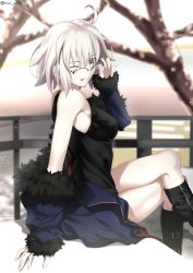 Rule 34 | 1girl, absurdres, bare shoulders, black dress, black footwear, blue coat, boots, breasts, coat, collarbone, crossed legs, dress, fate/grand order, fate (series), foo (pixiv54892036), fur-trimmed coat, fur trim, glasses, highres, jeanne d&#039;arc (fate), jeanne d&#039;arc alter (fate), jeanne d&#039;arc alter (ver. shinjuku 1999) (fate), knee boots, large breasts, long sleeves, looking at viewer, off shoulder, official alternate costume, one eye closed, open clothes, open coat, short dress, short hair, silver hair, sitting, smile, solo, thighs, wicked dragon witch ver. shinjuku 1999, yellow eyes