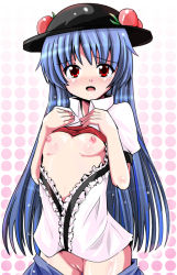 Rule 34 | 1girl, bad id, bad pixiv id, blue hair, bra, bra lift, breasts, clothes pull, cowboy shot, fa no hito, female focus, flat chest, hat, hinanawi tenshi, lingerie, looking at viewer, nipples, nude, open clothes, open shirt, polka dot, polka dot background, pussy, red eyes, shirt, skirt, skirt pull, small breasts, solo, tears, touhou, uncensored, underwear