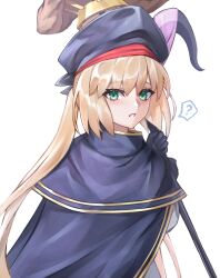 Rule 34 | 1girl, ?, absurdres, artoria caster (fate), artoria pendragon (fate), black gloves, blonde hair, blue headwear, blush, cape, fate/grand order, fate (series), female focus, gloves, highres, holding, holding staff, nose, open mouth, parted lips, simple background, solo, staff, twintails, umeo (pixiv51103813), white background