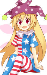 Rule 34 | 1girl, :d, american flag dress, american flag legwear, blonde hair, clownpiece, fang, hat, highres, jester cap, keyaki chimaki, long hair, open mouth, pantyhose, red eyes, smile, solo, striped clothes, striped pantyhose, touhou