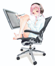 Rule 34 | 1girl, absurdres, bad id, bad pixiv id, barefoot, blush, chair, drawing, drawing tablet, dress shirt, feet, feet on chair, female focus, fingernails, full body, hand on thigh, head tilt, headphones, highres, holding, hugging own legs, leaning back, legs, light smile, long hair, long sleeves, looking at viewer, naked shirt, no bra, office chair, open clothes, open shirt, original, painttool sai, pfu, pink eyes, pink hair, recursion, satou kou, shadow, shirt, simple background, sitting, sleeves past wrists, solo, stylus, swivel chair, toe scrunch, toes, wacom, white background