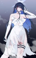 Rule 34 | 1girl, bechu, blood, blood on clothes, blood on face, blue archive, blue eyes, blue hair, blue halo, choker, dress, elbow gloves, gloves, halo, highres, holding, holding weapon, saori (blue archive), saori (dress) (blue archive), smoke, solo, thigh strap, torn clothes, torn dress, weapon, white dress