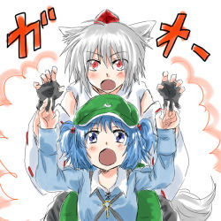 Rule 34 | 2girls, animal ears, backpack, bag, black gloves, blue eyes, blue hair, blush, detached sleeves, fang, fingerless gloves, gloves, hat, inubashiri momiji, kawashiro nitori, looking at viewer, multiple girls, open mouth, red eyes, short hair, skirt, tail, tokin hat, touhou, translation request, two side up, unya, white hair, wolf ears, wolf tail
