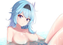 Rule 34 | 1girl, absurdres, bathing, blue hair, breasts, eula (genshin impact), genshin impact, hairband, highres, large breasts, looking at viewer, maomao zaici, nude, partially submerged, simple background, solo, thighs, water, wet, yellow eyes