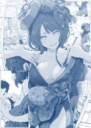 Rule 34 | 1boy, 1girl, bare shoulders, blue theme, bodypaint, breasts, calligraphy brush, comic, commentary request, fate/grand order, fate (series), flower, fujimaru ritsuka (male), grin, hair flower, hair ornament, japanese clothes, katsushika hokusai (fate), kimono, looking at viewer, medium breasts, messy room, monochrome, no eyes, obi, octopus, open clothes, open kimono, paintbrush, pov, sash, short hair, silent comic, smile, syatey, teasing, undressing