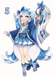Rule 34 | 1girl, animal print, aryuma772, beamed eighth notes, bloomers, blue eyes, blue hair, blue jacket, blue kimono, blue legwear, borrowed design, bow, commentary, eighth note, fish print, flag, full body, geta, hair bow, hand up, happi, hatsune miku, highres, holding, holding flag, jacket, japanese clothes, kimono, long hair, looking at viewer, miniskirt, musical note, musical note print, open mouth, seigaiha, skirt, smile, snowflake print, solo, staff (music), standing, standing on one leg, twintails, underwear, very long hair, vocaloid, wave print, white background, wide sleeves, yuki miku, yuki miku (2022) (candidate no.5)