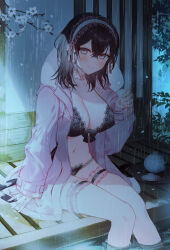 Rule 34 | 1girl, black bra, black panties, blush, bra, breasts, choker, hair ornament, hairband, highres, holding, jacket, large breasts, lingerie, long hair, looking at viewer, navel, night, open clothes, open jacket, original, outdoors, panties, partially submerged, pink choker, pink jacket, rain, sitting, smile, stomach, syandega, thighs, underwear