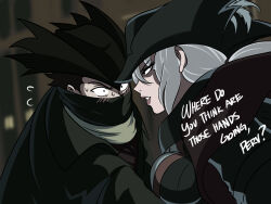 Rule 34 | 1boy, 1girl, black coat, black hair, bloodborne, blush, coat, english text, half mask, hat, hat feather, highres, hunter (bloodborne), lady maria of the astral clocktower, mask, open mouth, ponytail, reaching, shaded face, sitting, talking, tina fate, tricorne, white hair