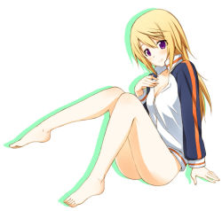 Rule 34 | 10s, 1girl, bare legs, barefoot, blonde hair, bottomless, breasts, charlotte dunois, cleavage, feet, hamao, infinite stratos, jacket, legs, long legs, naked jacket, purple eyes, small breasts, solo, toes, track jacket, zipper