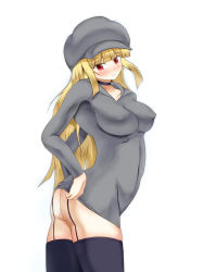 Rule 34 | 1girl, arched back, arms behind back, ass, black choker, black thighhighs, blonde hair, blunt bangs, blush, breasts, cabbie hat, choker, closed mouth, collarbone, covered erect nipples, covered navel, dress, female focus, from side, garter straps, grey dress, grey hat, hat, jpeg artifacts, large breasts, long hair, long sleeves, looking back, original, red eyes, simple background, skindentation, solo, standing, thighhighs, umagoya mochi, undersized clothes, white background
