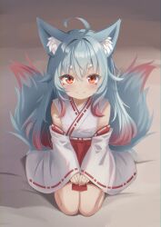 Rule 34 | 1girl, absurdres, ahoge, animal ear fluff, animal ears, detached sleeves, fox ears, fox girl, fox tail, gradient hair, grey hair, hakama, hakama skirt, highres, indie virtual youtuber, japanese clothes, long hair, looking at viewer, miniskirt, multicolored hair, multiple tails, nontraditional miko, onyankopon (vtuber), red eyes, red hair, red hakama, red skirt, shirt, sitting, skirt, smile, solo, tail, tamano umika, thighs, virtual youtuber, white shirt, white sleeves
