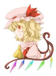 Rule 34 | 1girl, ascot, blonde hair, bow, fang, flandre scarlet, hat, profile, red eyes, ribbon, short hair, side ponytail, smile, solo, touhou, wings, yagimiwa