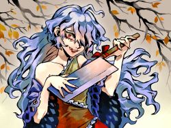 Rule 34 | 1girl, arlmuffin, bad id, bad pixiv id, bare shoulders, blue hair, bow, branch, brown background, commentary, detached sleeves, dress, english commentary, fangs, hair over one eye, hatchet, holding, holding weapon, long hair, looking at viewer, multicolored clothes, multicolored dress, nata (tool), open mouth, red bow, red eyes, sakata nemuno, single strap, smile, solo, teeth, touhou, upper body, wavy hair, weapon