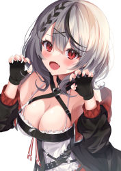 Rule 34 | 1girl, absurdres, ahoge, asphalt494, bare shoulders, black gloves, black hair, blush, bow, braid, breasts, camisole, claw pose, cleavage, collar, fang, gloves, hair ornament, highres, hololive, jacket, looking at viewer, multicolored hair, nail polish, off-shoulder jacket, off shoulder, open mouth, plaid, plaid bow, red eyes, sakamata chloe, silver hair, solo, streaked hair, virtual youtuber, white camisole, x hair ornament