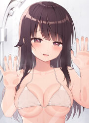 Rule 34 | 1girl, against glass, bikini, blush, breast press, breasts, breasts on glass, brown eyes, brown hair, collarbone, covered erect nipples, dot nose, fang, highres, indoors, large breasts, long hair, looking at viewer, mao-chan (uramakaron), open mouth, original, shower head, signature, solo, swimsuit, uramakaron, wet, white bikini