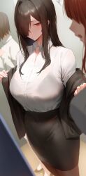 Rule 34 | 3girls, absurdres, black bra, black hair, black jacket, black pantyhose, bra, bra visible through clothes, brown hair, collared shirt, covered navel, hair over one eye, highres, jacket, locker, locker room, long hair, looking at viewer, multiple girls, office lady, original, out of frame, pantyhose, pencil skirt, red eyes, removing jacket, rororo, shirt, sidelocks, skirt, standing, underwear, white shirt