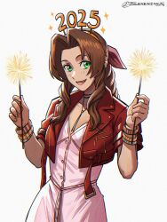 1girl 2025 aerith_gainsborough bangle blush bracelet braid braided_ponytail breasts brown_hair choker cowboy_shot cropped_jacket dress final_fantasy final_fantasy_vii final_fantasy_vii_rebirth final_fantasy_vii_remake fireworks flower_choker green_eyes hair_ribbon happy_new_year highres holding holding_fireworks jacket jewelry light_blush long_hair looking_at_viewer medium_breasts new_year parted_bangs parted_lips pink_dress pink_ribbon red_jacket ribbon seveninks short_sleeves sidelocks smile solo sparkler twitter_username upper_body white_background