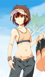 Rule 34 | 00s, 1girl, bad id, bad pixiv id, bare shoulders, blue sky, brown eyes, brown hair, cloud, collarbone, day, denim, flat chest, flippers, groin, halterneck, jeans, looking away, mamoru (sister princess), midriff, mizugame, navel, open fly, palm tree, pants, parted lips, short hair, sister princess, sky, solo, sunglasses, thumb in pocket, tomboy, tree, unzipped, visor cap, wristband