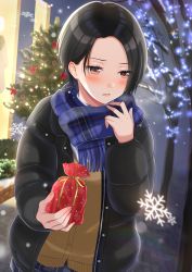 Rule 34 | 1girl, black hair, black jacket, blue scarf, blue skirt, blush, brown cardigan, brown eyes, cardigan, christmas, christmas tree, commentary request, forehead, gift, highres, holding, holding gift, jacket, long sleeves, night, niwata0, open clothes, open jacket, original, outdoors, plaid, plaid scarf, plaid skirt, scarf, school uniform, short hair, skirt, solo