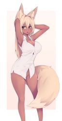 Rule 34 | &gt;:o, 1girl, :o, absurdres, animal ear fluff, animal ears, armpits, arms behind head, arms up, blonde hair, blush, bottomless, breasts, brown eyes, buttons, cleavage, collarbone, convenient censoring, dark-skinned female, dark skin, fang, fox ears, fox tail, hair between eyes, hair intakes, highres, large breasts, long hair, no panties, no pants, open mouth, original, shirt, simple background, sleeveless, sleeveless shirt, solo, sub-res, tail, v-shaped eyebrows, white shirt