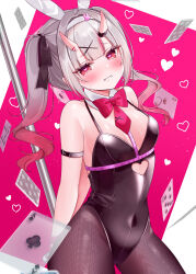 Rule 34 | 1girl, absurdres, animal ears, arms behind back, black leotard, black pantyhose, blush, card, clothing cutout, cutout above navel, detached collar, fake animal ears, gradient hair, grey hair, hair ornament, heart, heart-shaped pupils, heart cutout, highres, hololive, horns, leotard, long hair, looking at viewer, multicolored hair, nakiri ayame, ohagetty, pantyhose, playboy bunny, playing card, pole, rabbit ears, rabbit hole (vocaloid), red eyes, red hair, skin-covered horns, solo, stripper pole, symbol-shaped pupils, virtual youtuber, x hair ornament