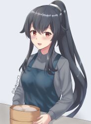 Rule 34 | 1girl, apron, black hair, blue apron, breasts, grey sweater, highres, kantai collection, long hair, long sleeves, medium breasts, official alternate costume, ponytail, red eyes, scrunchie, shidas0459, sidelocks, solo, sweater, upper body, very long hair, yahagi (kancolle)
