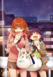 Rule 34 | :d, ^ ^, ahoge, bag, binding discoloration, black sky, blue scarf, blush, bow, breasts, brown hair, brown jacket, brown skirt, city, closed eyes, facing viewer, food, furrowed brow, groceries, grocery bag, highres, holding, holding bag, holding food, jacket, kawai makoto, koufuku graffiti, large breasts, long sleeves, machiko ryou, morino kirin, night, night sky, open clothes, open jacket, open mouth, outdoors, pink scarf, pink sweater, plaid, plaid bow, plaid neckwear, pleated skirt, red bow, red neckwear, scarf, shirt, shopping bag, skirt, sky, smile, spring onion, standing, star (sky), starry sky, striped clothes, striped scarf, sweater, white shirt, wrapper