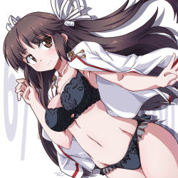 Rule 34 | 1girl, 547th sy, black bra, black hair, black panties, bra, brown eyes, commentary request, cowboy shot, dress shirt, hair ribbon, highres, hime cut, hiyou (kancolle), kantai collection, lingerie, long hair, long sleeves, looking at viewer, open clothes, open shirt, panties, ribbon, shirt, shirt on shoulders, smile, solo, standing, underwear, white ribbon, white shirt