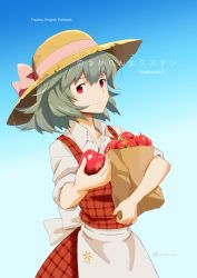 Rule 34 | 1girl, alternate costume, apple, apron, bow, cover, cover page, food, fruit, gradient background, green hair, hasegawa keita, hat, hat bow, hat ribbon, kazami yuuka, plaid, plaid vest, red eyes, ribbon, simple background, smile, solo, touhou, vest