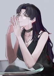 1girl absurdres black_choker black_dress black_hair choker closed_mouth collarbone cross cross_necklace dress glasses grey_background grey_eyes highres jewelry katsuragi_misato long_hair necklace neon_genesis_evangelion rimless_eyewear scupid sitting sleeveless sleeveless_dress smile solo straight_hair very_long_hair