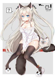Rule 34 | 1girl, ?, absurdres, animal, animal ears, animal slippers, ankle bell, arlene (ju), bare shoulders, bell, between legs, black ribbon, blue eyes, blush, breasts, brown thighhighs, cat, cat ears, cat girl, cat slippers, cat tail, cleavage, closed mouth, collarbone, commentary request, dated, grey hair, hair between eyes, hair ribbon, hand between legs, heart, highres, jingle bell, large breasts, long hair, long sleeves, mole, mole under eye, off-shoulder sweater, off shoulder, original, ribbon, sidelocks, skindentation, sleeves past wrists, slippers, solo, spoken question mark, sweater, tail, thighhighs, two side up, very long hair, white footwear, white sweater