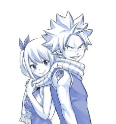 Rule 34 | 1boy, 1girl, arm tattoo, blue theme, breasts, couple, fairy tail, fairy tail logo, highres, large breasts, long hair, looking at viewer, lucy heartfilia, mashima hiro, monochrome, natsu dragneel, official art, scarf, short hair, side ponytail, sideboob, simple background, smile, spiked hair, tattoo, upper body, white background